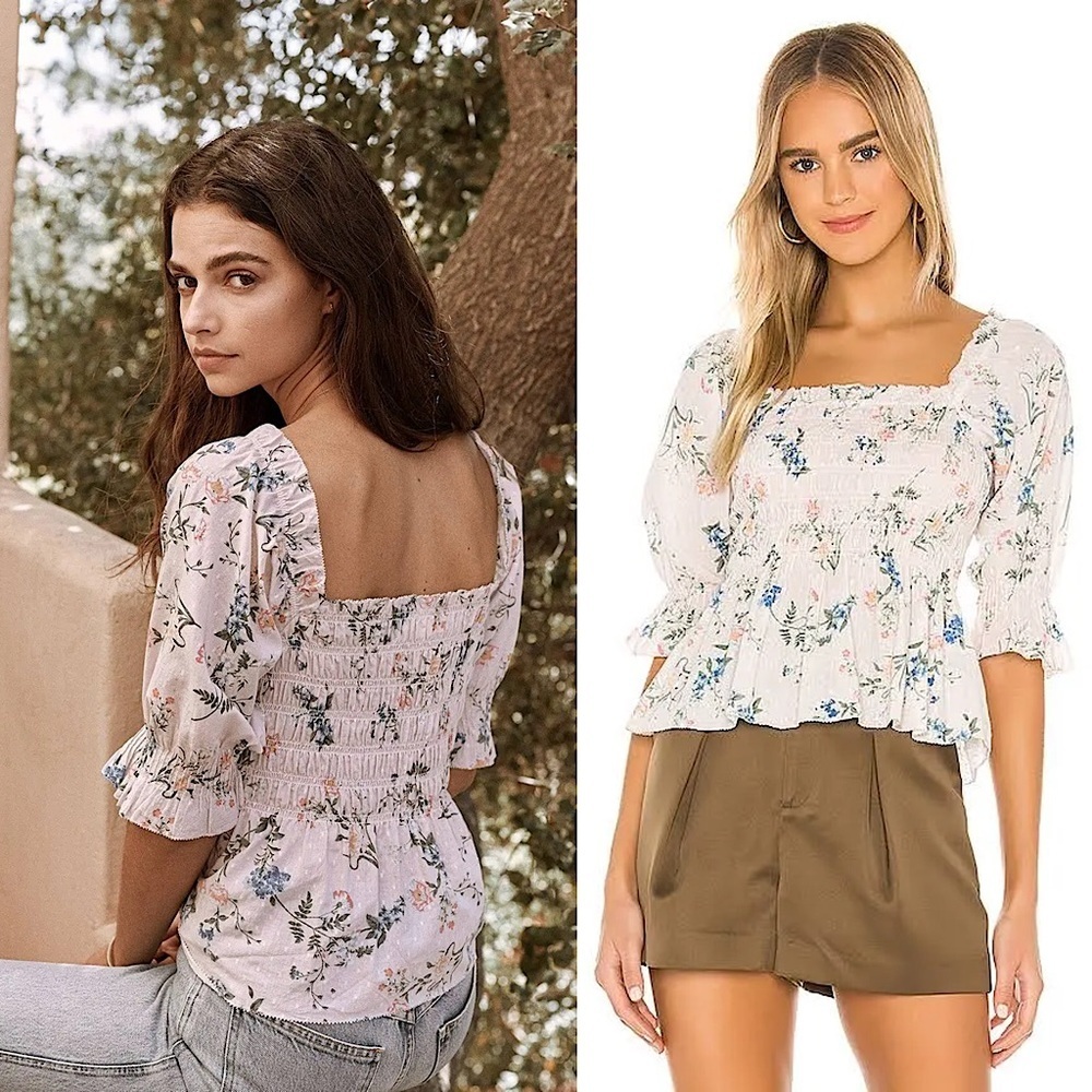 SAYLOR Floral Print Cotton Square Neck Puff Sleeve Smocked Ruffle Babydoll Top M